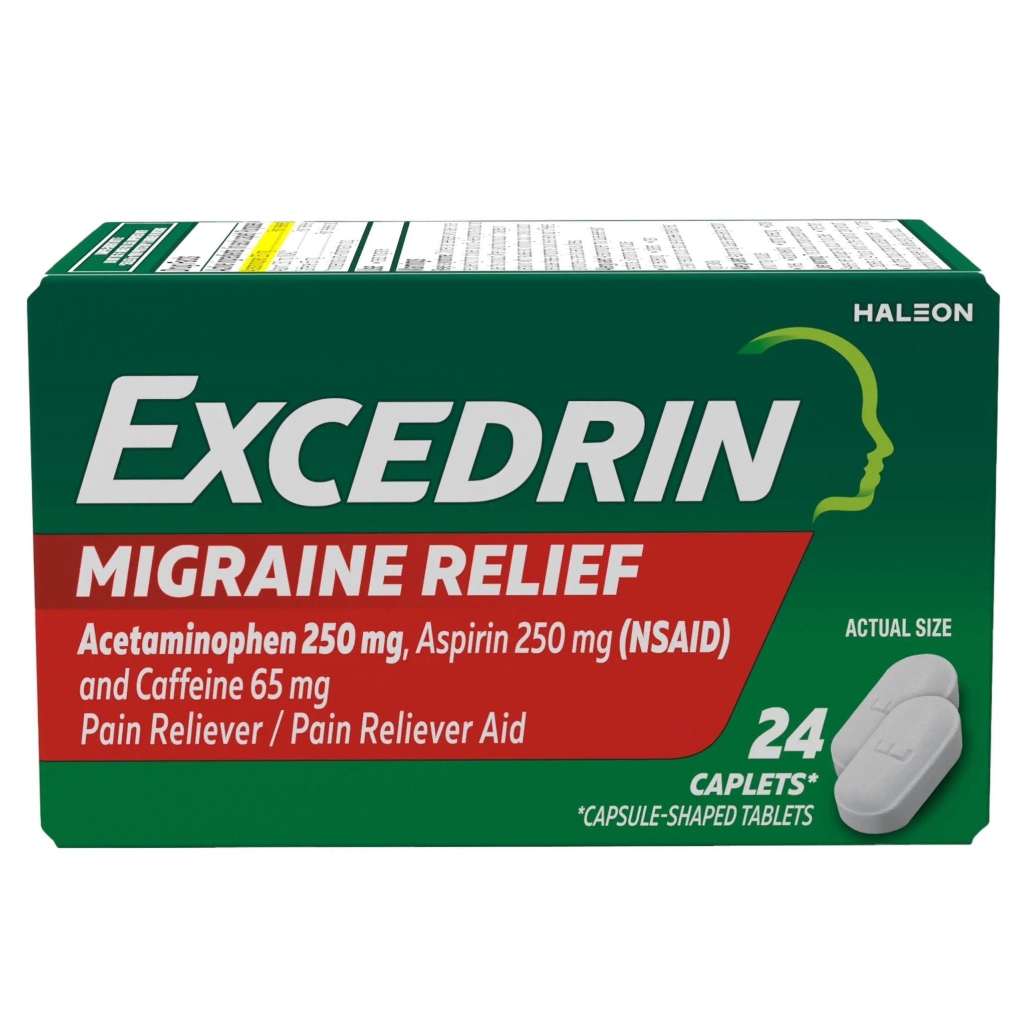 Excedrin Migraine Relief Caplets for Migraine Symptoms, Acetaminophen 250mg, Aspirin 250mg, Caffeine 65mg, Pain Reliever, 24 Count - TrustMedUSA