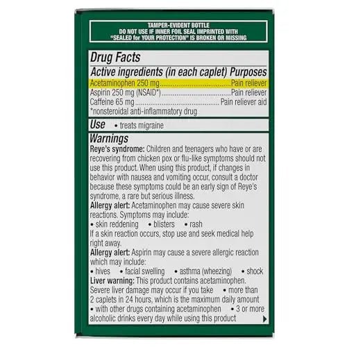 Excedrin Migraine Relief Caplets for Migraine Symptoms, Acetaminophen 250mg, Aspirin 250mg, Caffeine 65mg, Pain Reliever, 24 Count - TrustMedUSA