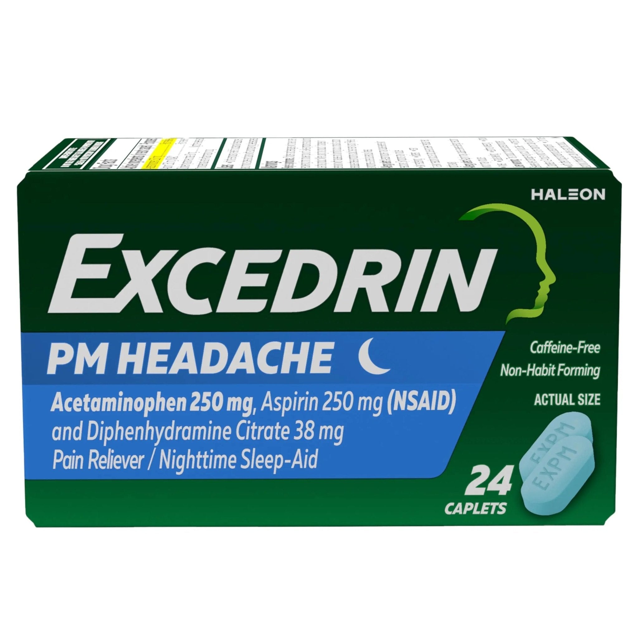 Excedrin PM for Headache Relief, Acetaminophen 250mg, Aspirin 250mg, Diphenhydramine Citrate 38mg, Pain Reliever, Nighttime Sleep-Aid, 24 Count - TrustMedUSA