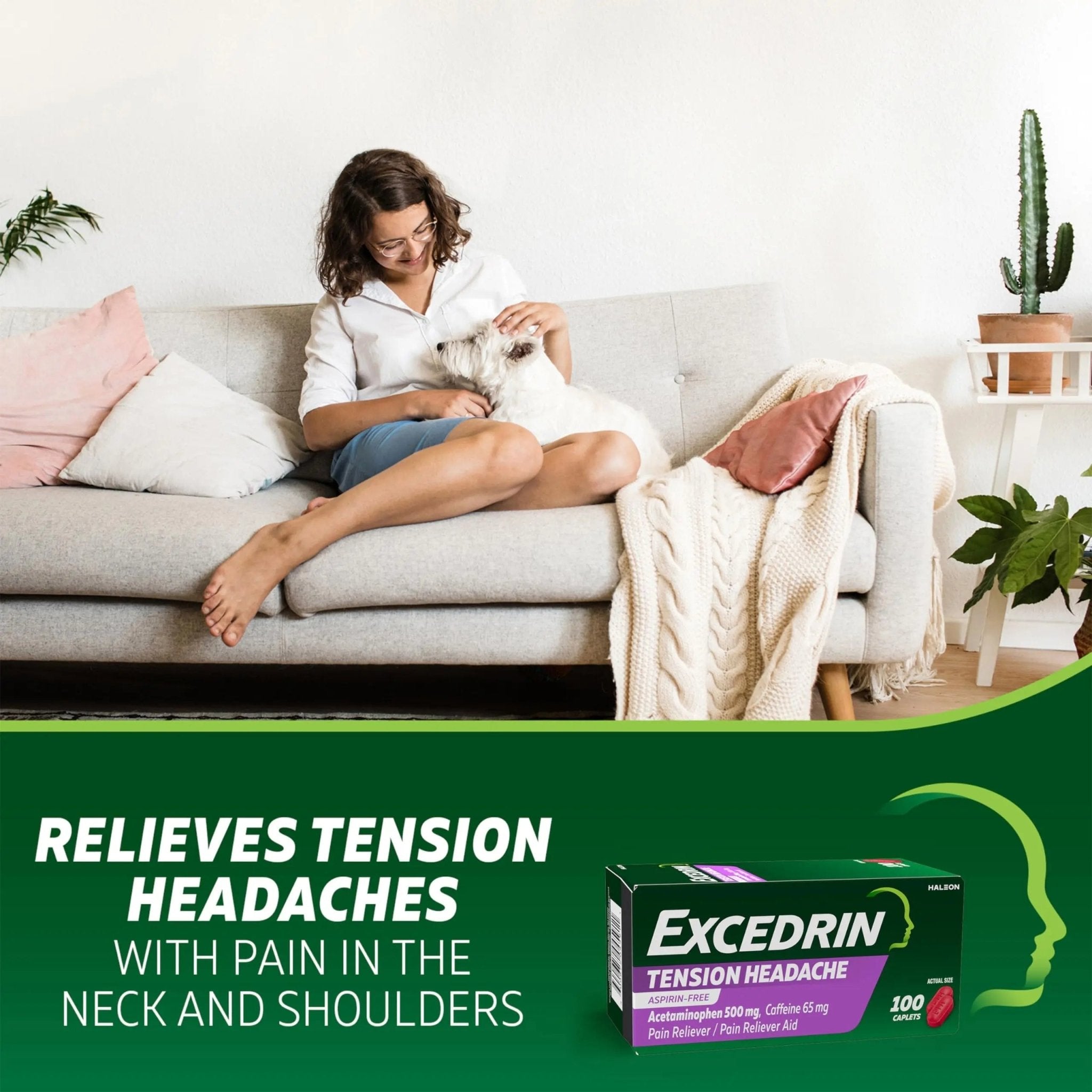 Excedrin Tension Headache Relief Caplets, Acetaminophen 500mg, Caffeine 65mg, Pain Reliever, Aspirin-Free, 100 Count - TrustMedUSA
