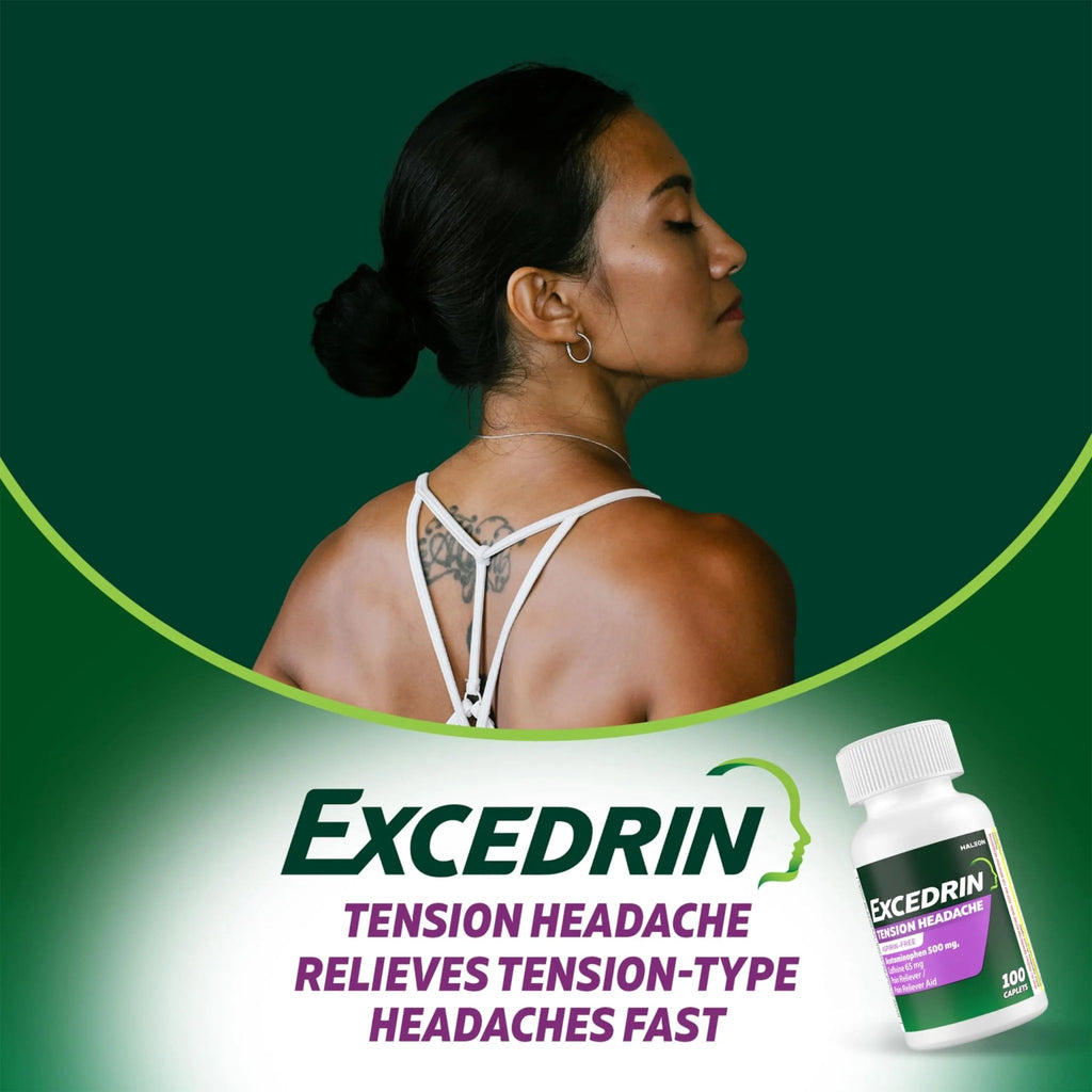Excedrin Tension Headache Relief Caplets, Acetaminophen 500mg, Caffeine 65mg, Pain Reliever, Aspirin-Free, 100 Count - TrustMedUSA