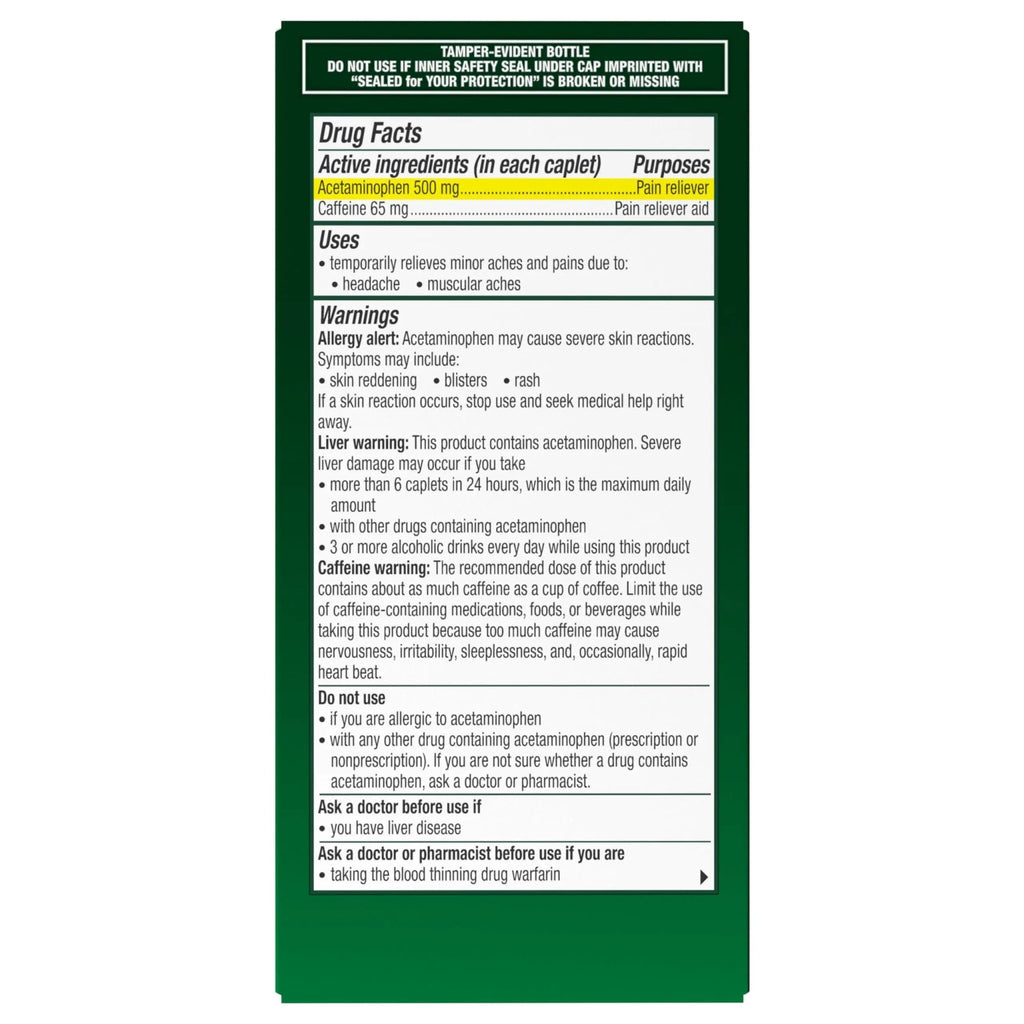 Excedrin Tension Headache Relief Caplets, Acetaminophen 500mg, Caffeine 65mg, Pain Reliever, Aspirin-Free, 100 Count - TrustMedUSA