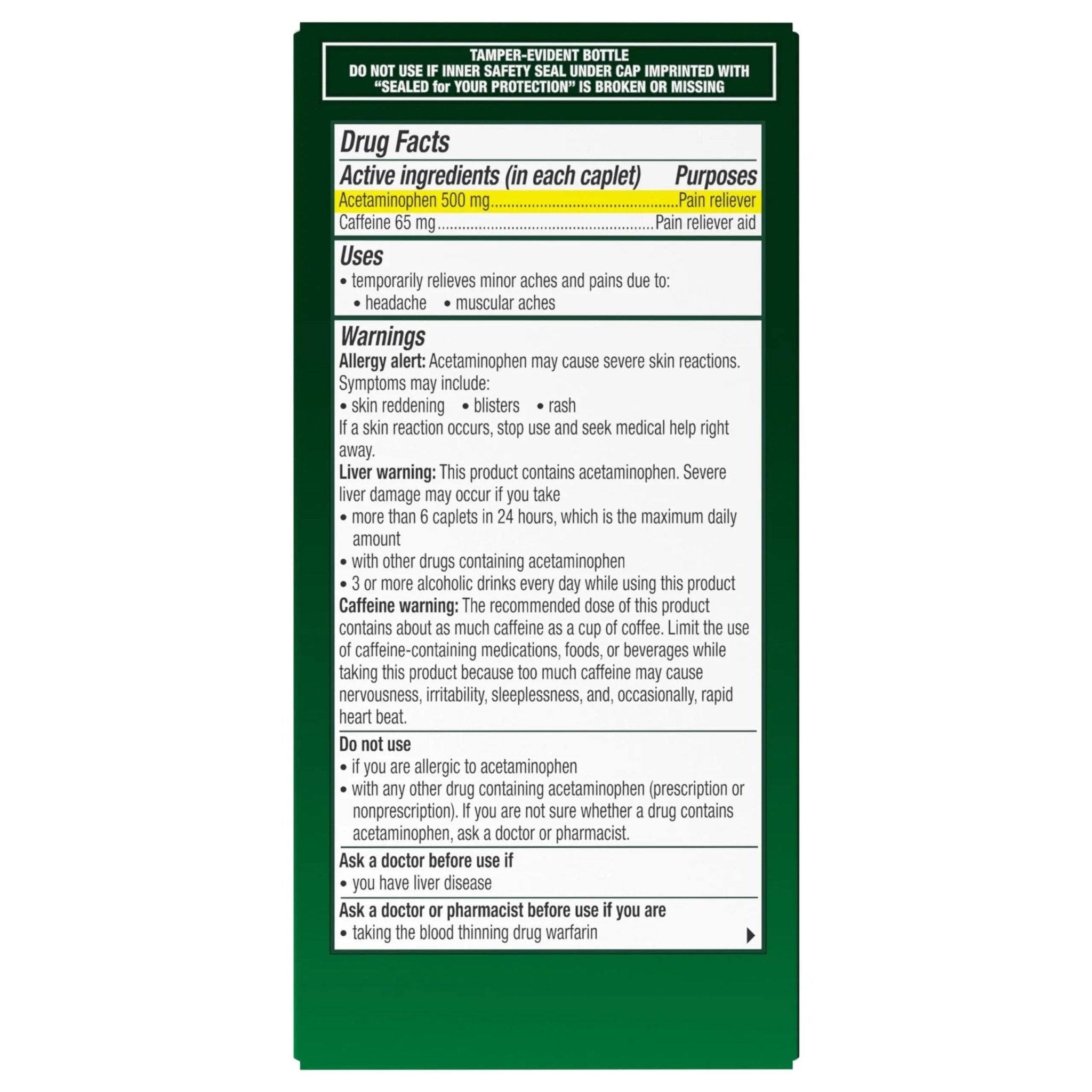 Excedrin Tension Headache Relief Caplets, Acetaminophen 500mg, Caffeine 65mg, Pain Reliever, Aspirin-Free, 100 Count - TrustMedUSA