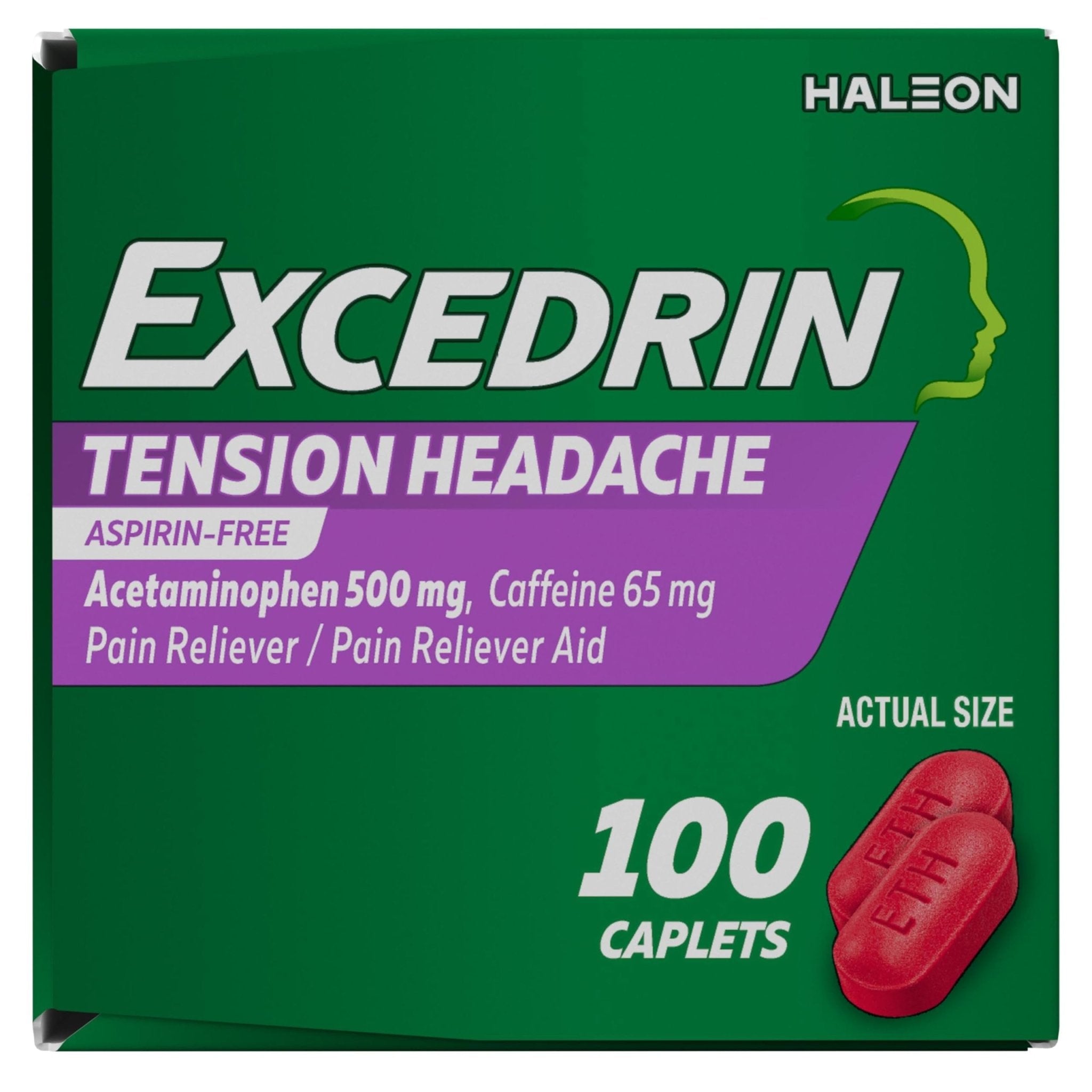 Excedrin Tension Headache Relief Caplets, Acetaminophen 500mg, Caffeine 65mg, Pain Reliever, Aspirin-Free, 100 Count - Maple Wellness Supplements