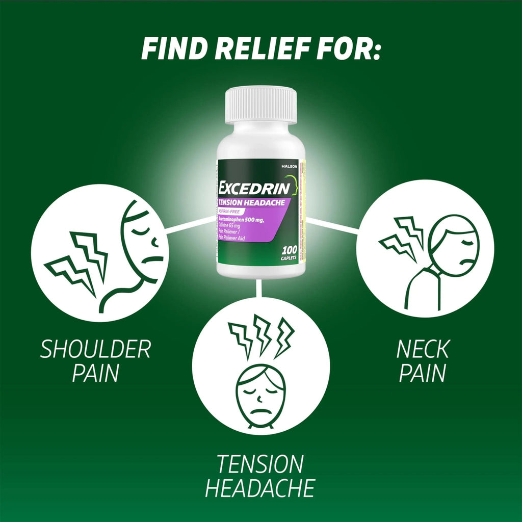 Excedrin Tension Headache Relief Caplets, Acetaminophen 500mg, Caffeine 65mg, Pain Reliever, Aspirin-Free, 100 Count - TrustMedUSA