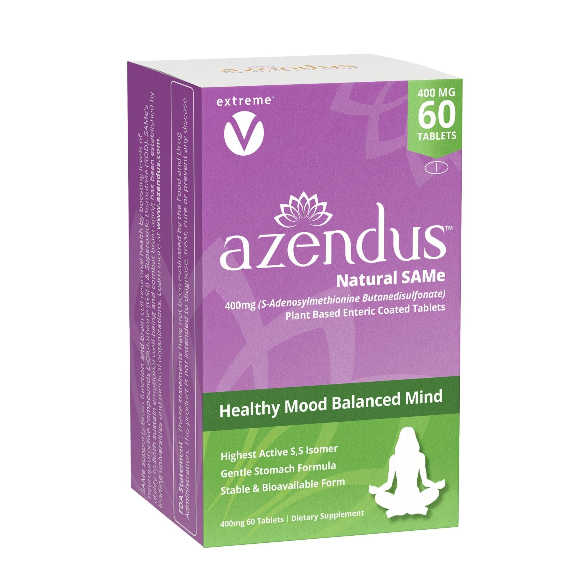 extreme V Azendus SAM-e Mood Support 400mg, 60 Count, Same Butanedisulfonate Fiber Enteric Coated Tablets - Maple Wellness Supplements