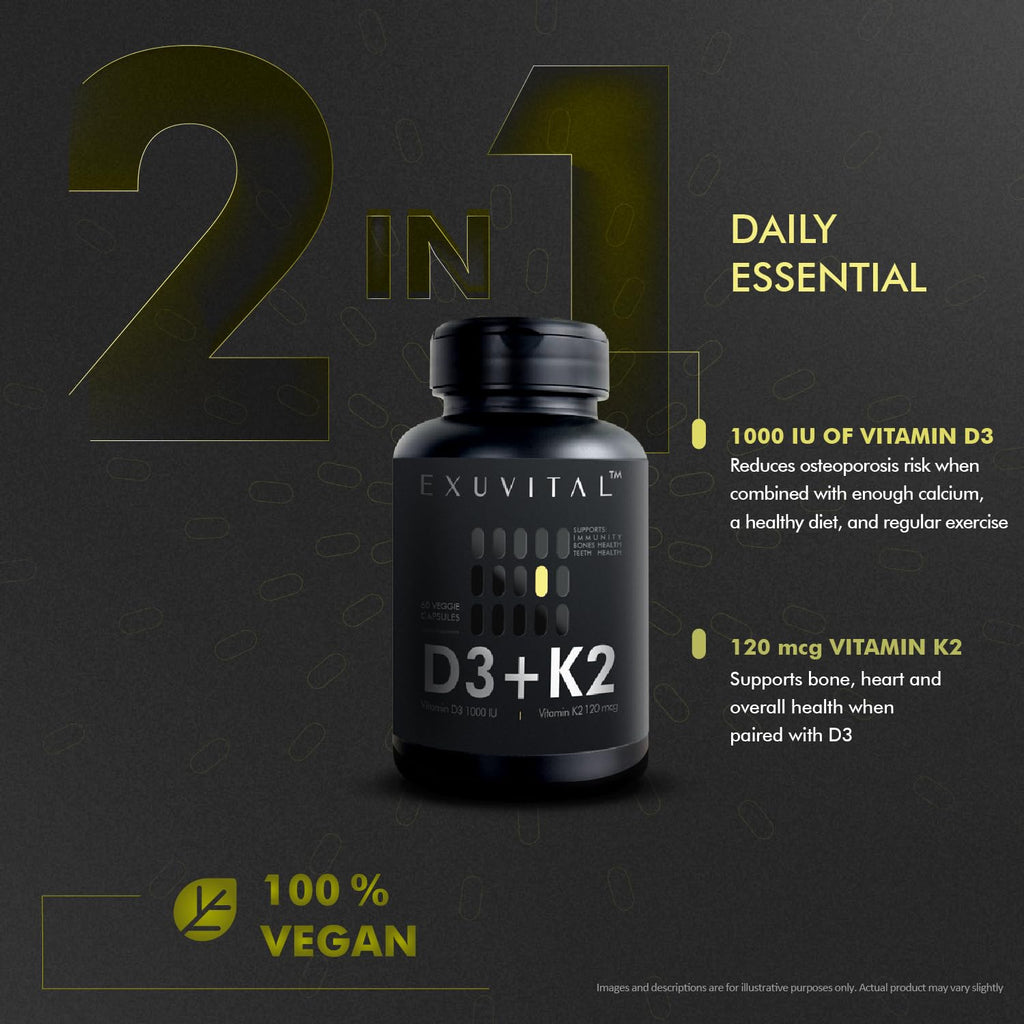 EXUVITAL D3 & K2 Vitamin Supplement, Vegan D3 1000 IU & K2 MK7 120 mcg for Bone, Heart & Immune Support, Non-GMO, Gluten-Free, 60 Vegan Capsules, 2 Months Supply - Maple Wellness Supplements
