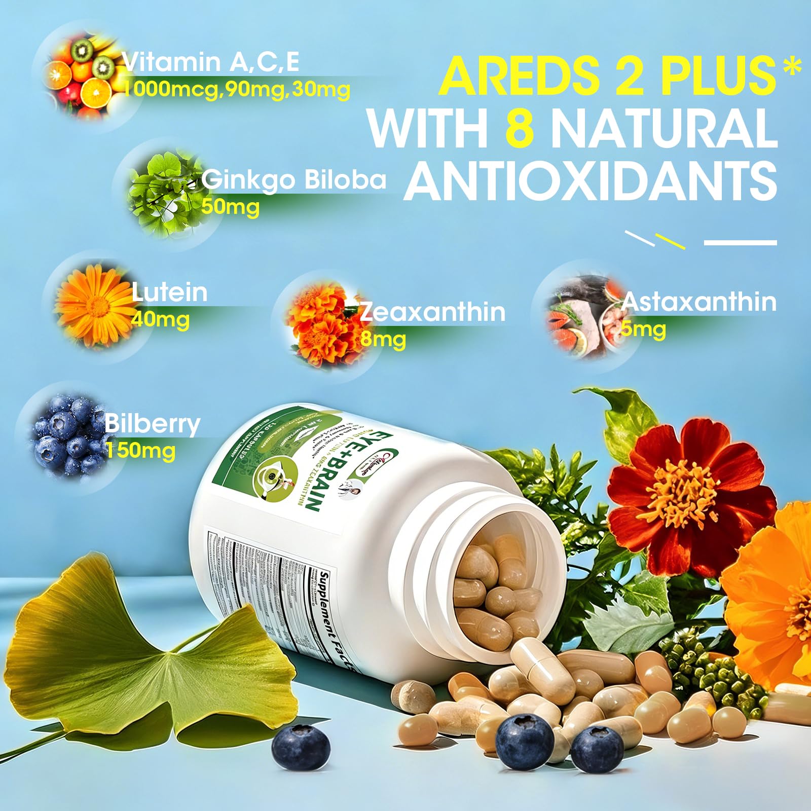 Eye + Brain Supplements for Memory and Focus, Lutein 40mg, Zeaxanthin, Astaxanthin, Bilberry, Lion’s Mane, Bacopa Monnieri, Ginkgo Biloba, 14 in 1 Eye Vitamins for Adults & Seniors 120 Capsules - TrustMedUSA