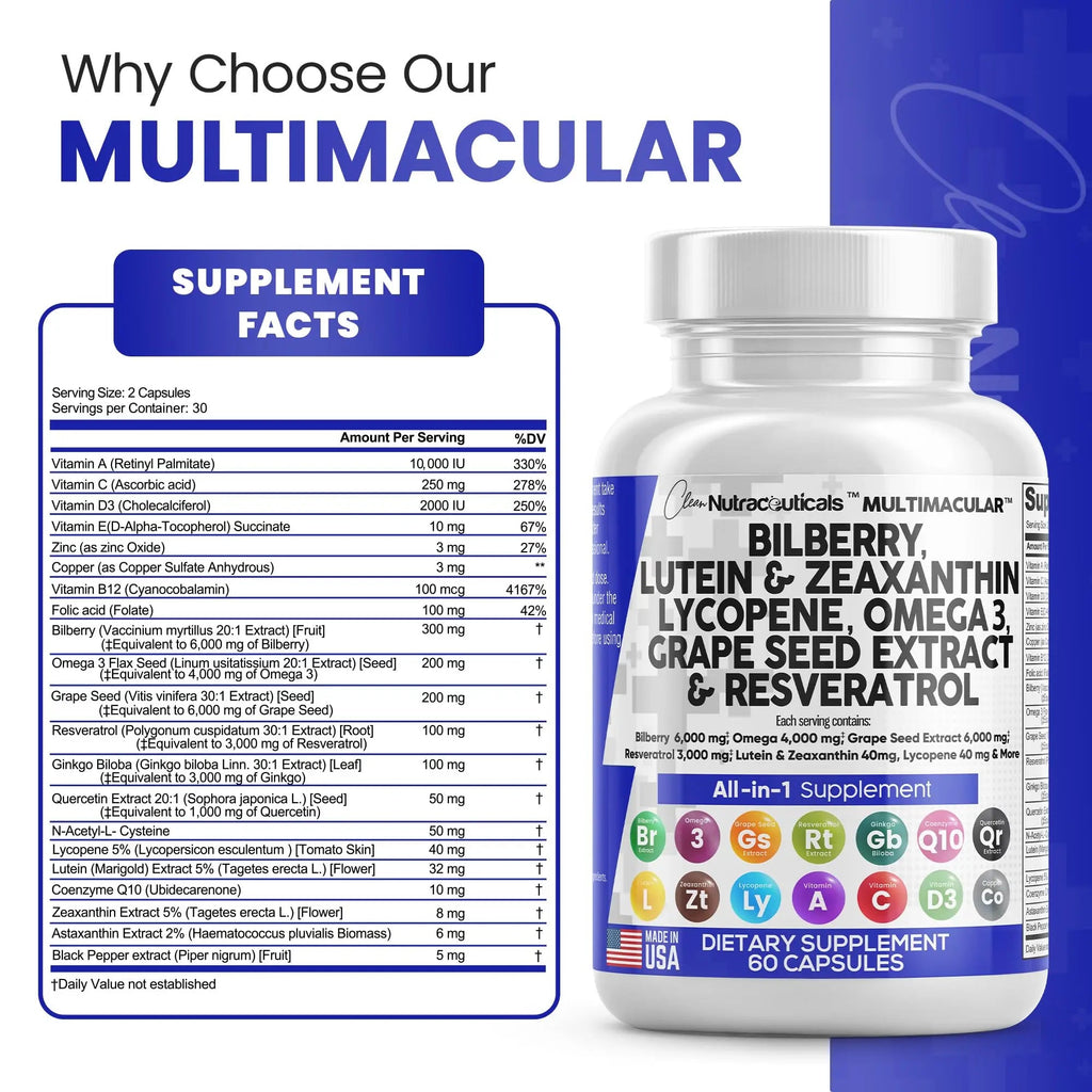 Eye Health Vitamins with Bilberry 6000mg Lutein & Zeaxanthin 40mg Lyco - TrustMedUSA