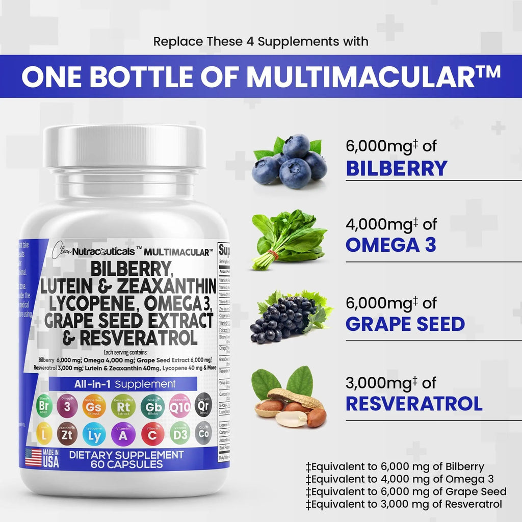 Eye Health Vitamins with Bilberry 6000mg Lutein & Zeaxanthin 40mg Lyco - TrustMedUSA