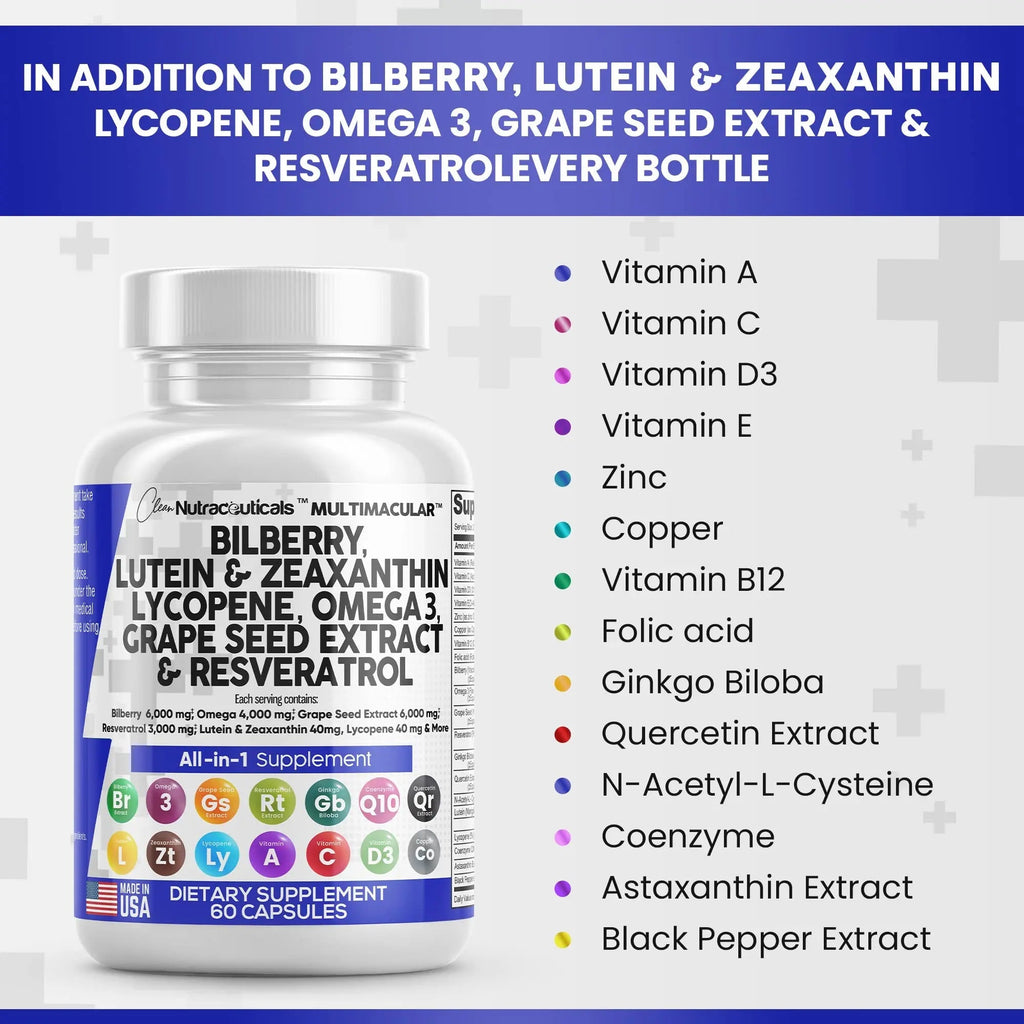 Eye Health Vitamins with Bilberry 6000mg Lutein & Zeaxanthin 40mg Lyco - TrustMedUSA