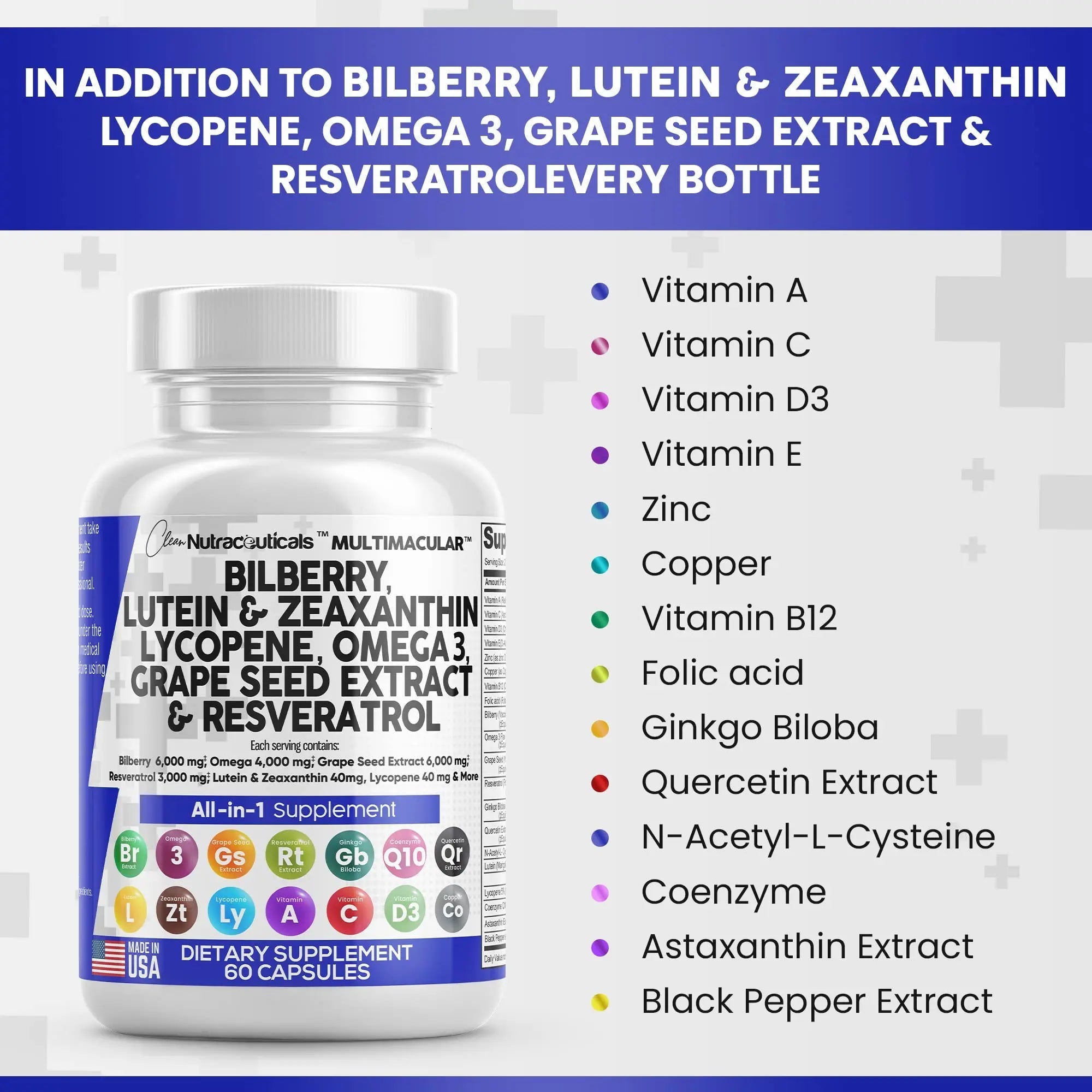 Eye Health Vitamins with Bilberry 6000mg Lutein & Zeaxanthin 40mg Lyco - TrustMedUSA
