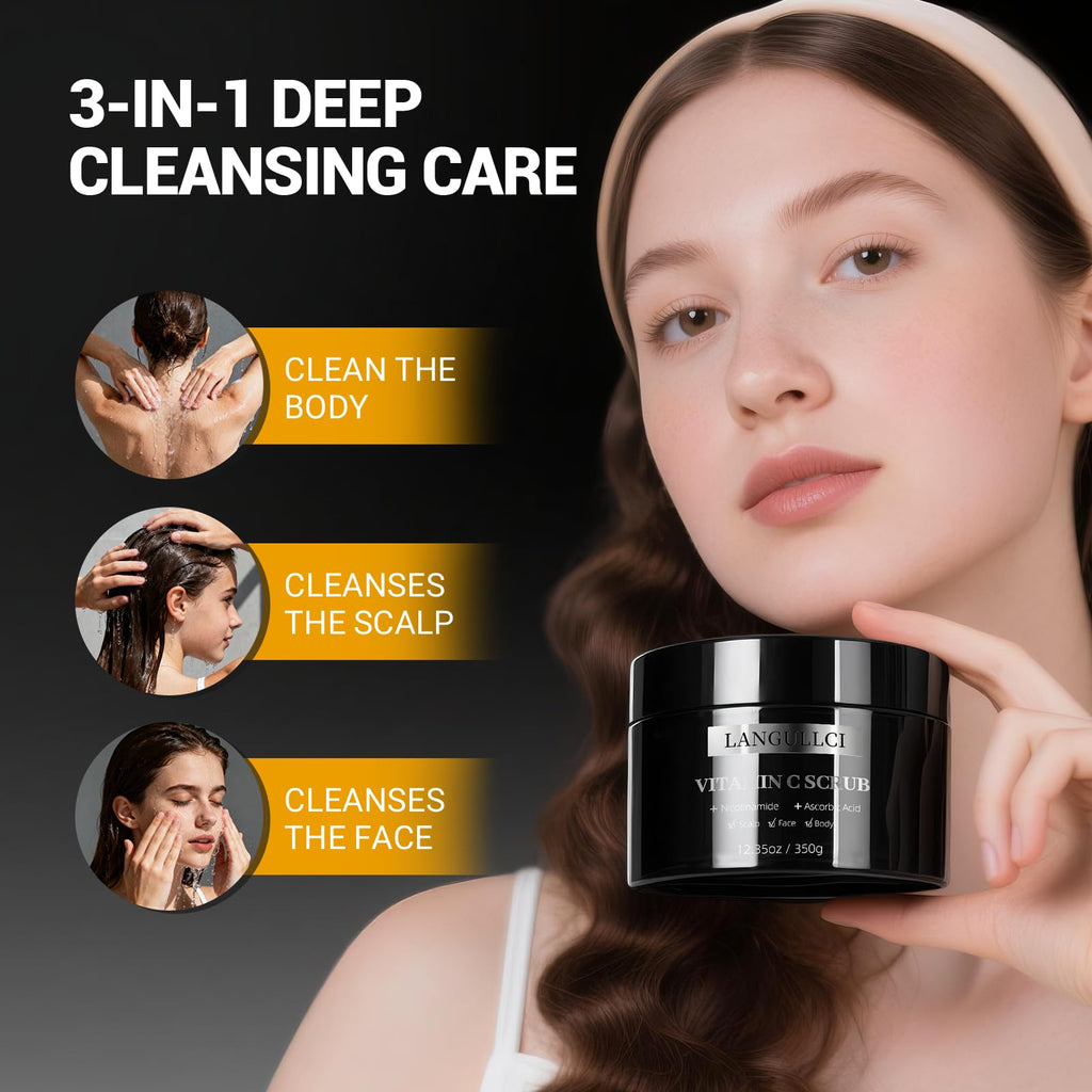 Face, Body & Scalp Scrub, 3-in-1 Gentle Microdermabrasion Exfoliating Scrub with Niacinamide & Vitamin C, Deep Cleansing, Oil Control, Dead Skin Removal, Pore-Refining for Smooth Radiant Skin, 12.3 oz - Maple Wellness Supplements