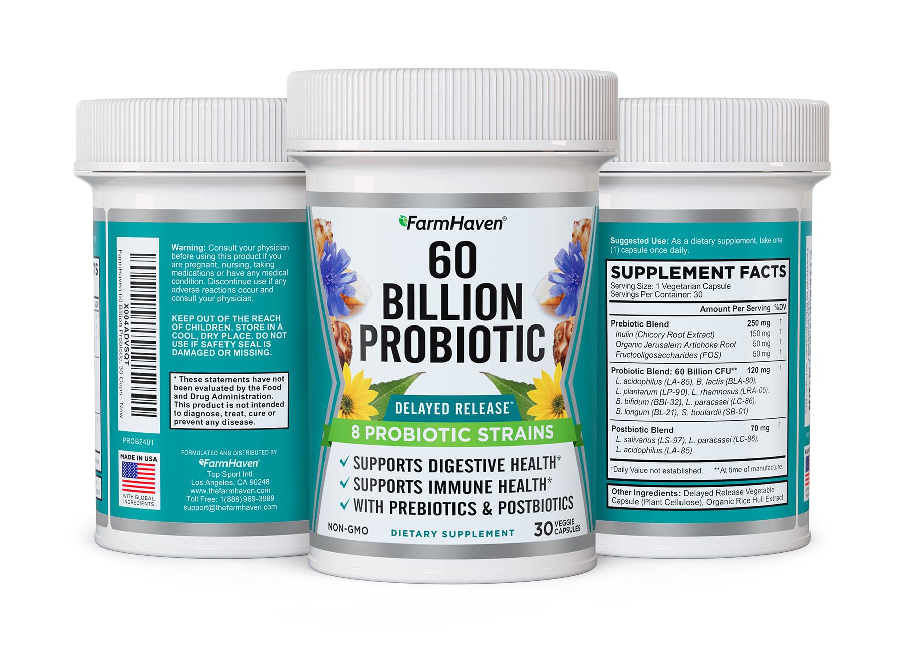 FarmHaven 60 Billion CFU Probiotic - 8 Probiotic Strains - Prebiotics & Postbiotics - Supports Digestive & Immune Health - Delayed Release - Shelf Stable - TrustMedUSA
