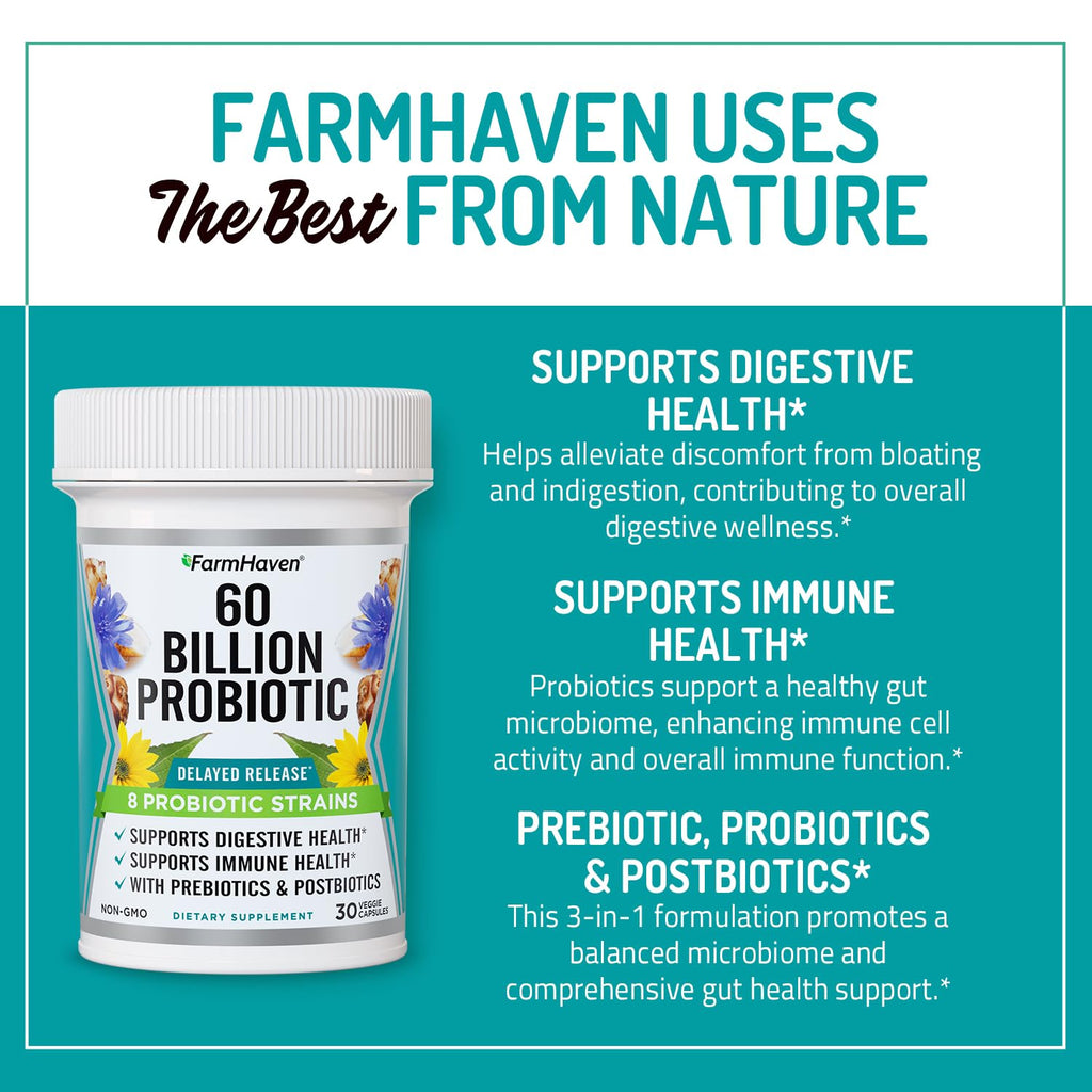 FarmHaven 60 Billion CFU Probiotic - 8 Probiotic Strains - Prebiotics & Postbiotics - Supports Digestive & Immune Health - Delayed Release - Shelf Stable - TrustMedUSA