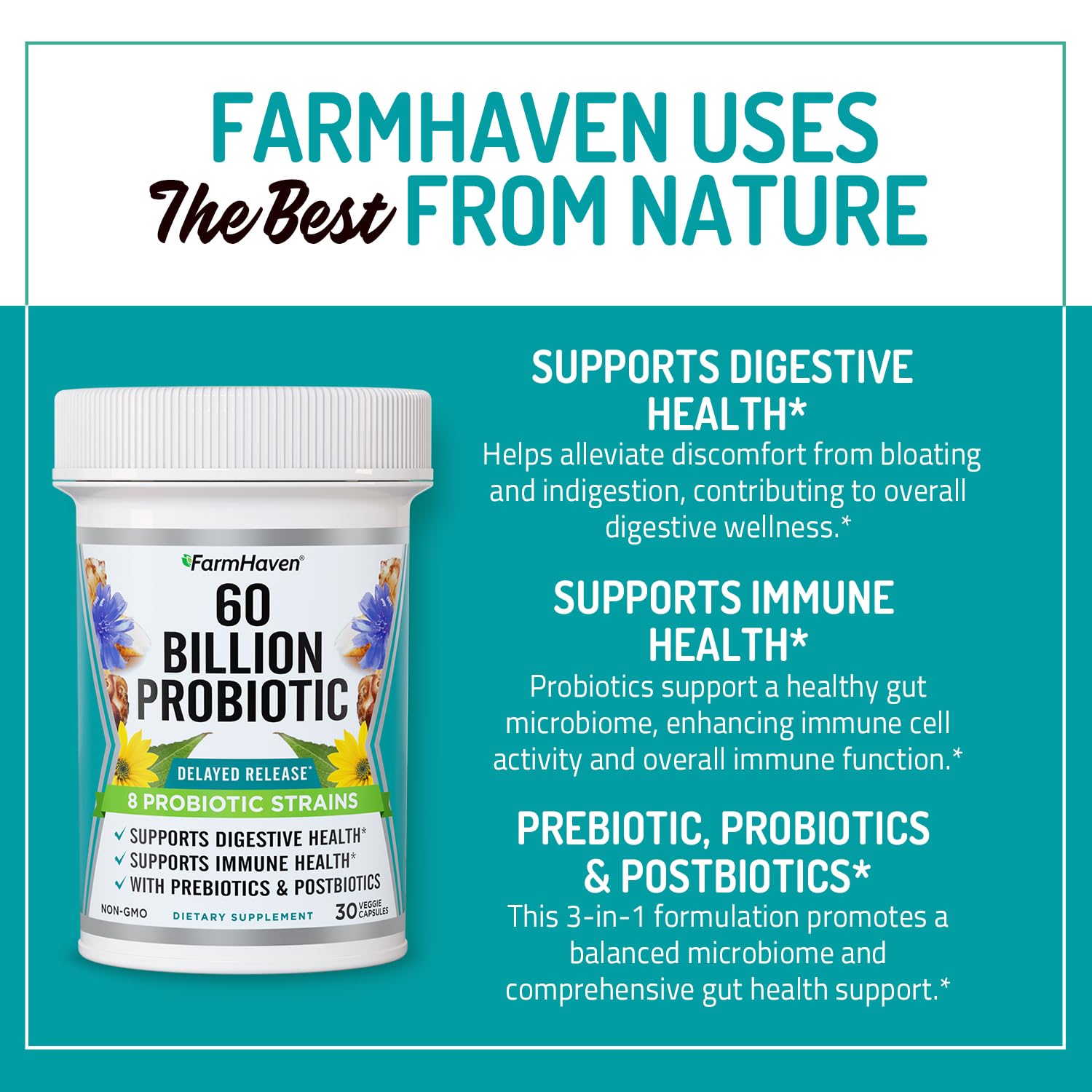 FarmHaven 60 Billion CFU Probiotic - 8 Probiotic Strains - Prebiotics & Postbiotics - Supports Digestive & Immune Health - Delayed Release - Shelf Stable - TrustMedUSA
