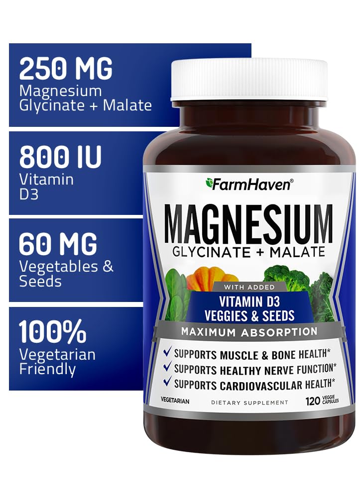 FarmHaven Magnesium Complex –Magnesium Glycinate & Malate w/Vitamin D3, 100% Chelated for Max Absorption, Vegetarian – Bone Health - TrustMedUSA