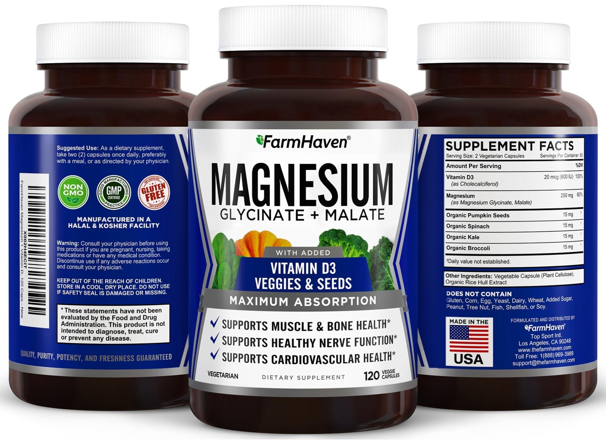 FarmHaven Magnesium Complex –Magnesium Glycinate & Malate w/Vitamin D3, 100% Chelated for Max Absorption, Vegetarian – Bone Health - TrustMedUSA