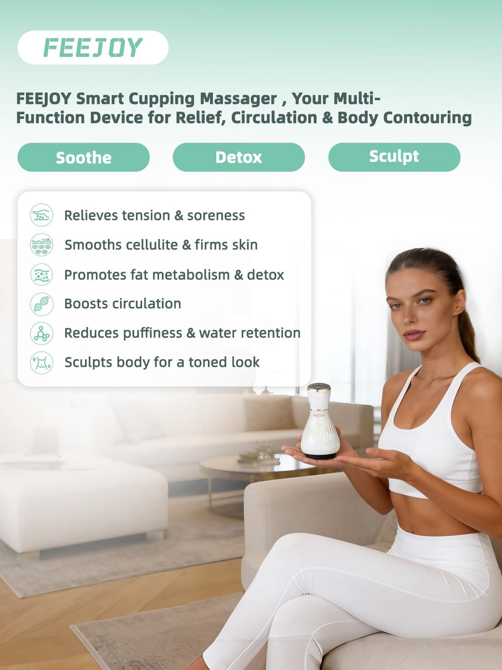 FEEJOY Electric Lymphatic Drainage Massager with Pulse Therapy & Heat – 12-Level Cupping Massage Device for Cellulite Reduction, Body Sculpting, Deep Tissue Pain Relief & Muscle Recovery, White - Maple Wellness Supplements