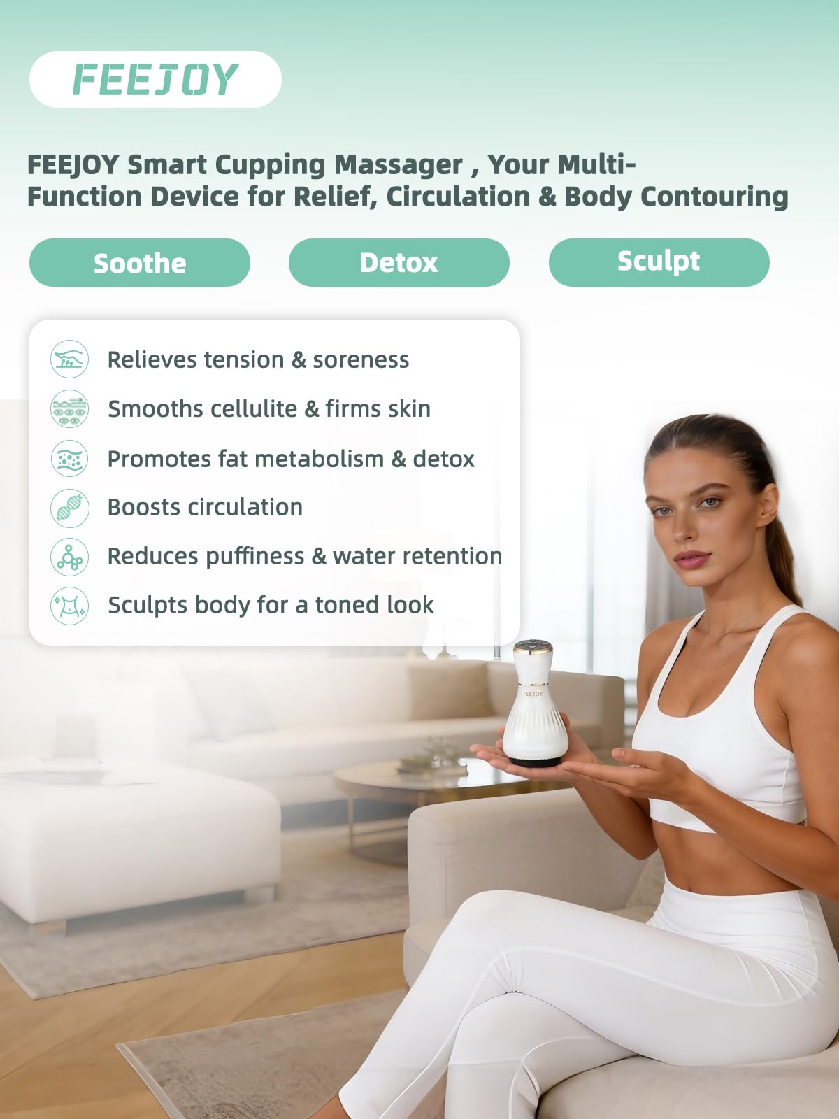 FEEJOY Electric Lymphatic Drainage Massager with Pulse Therapy & Heat – 12-Level Cupping Massage Device for Cellulite Reduction, Body Sculpting, Deep Tissue Pain Relief & Muscle Recovery, White - Maple Wellness Supplements