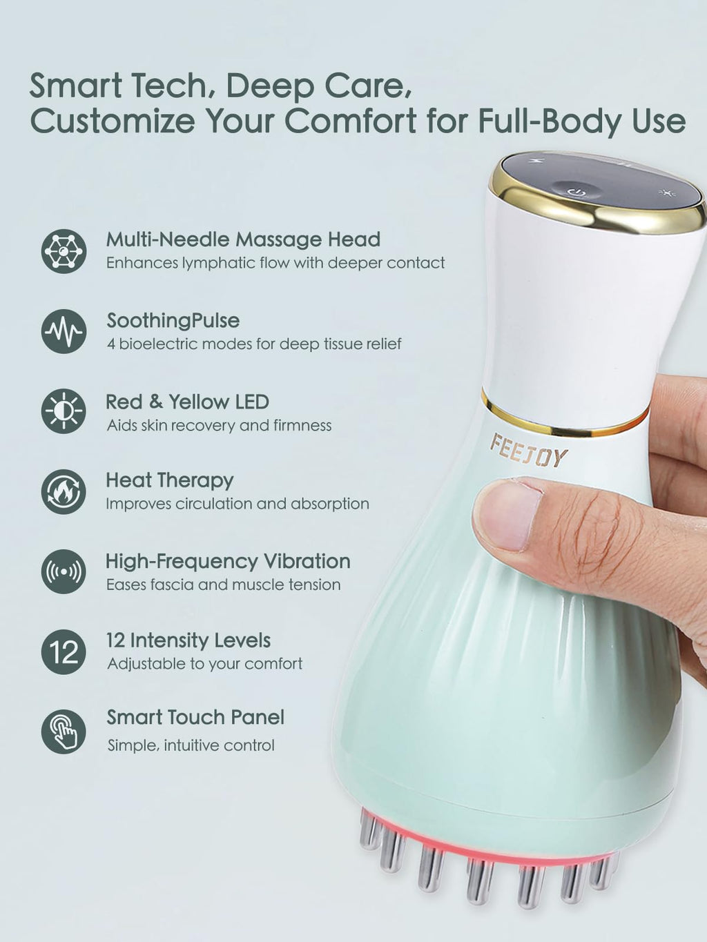 FEEJOY Lymphatic Drainage Massager & Massage Tool, Body Sculpting Machine & Fascia Blaster for Cellulite with Microcurrent, Light, Heat & Vibration, for Legs, Arms & Belly (Gradient Green) - Maple Wellness Supplements