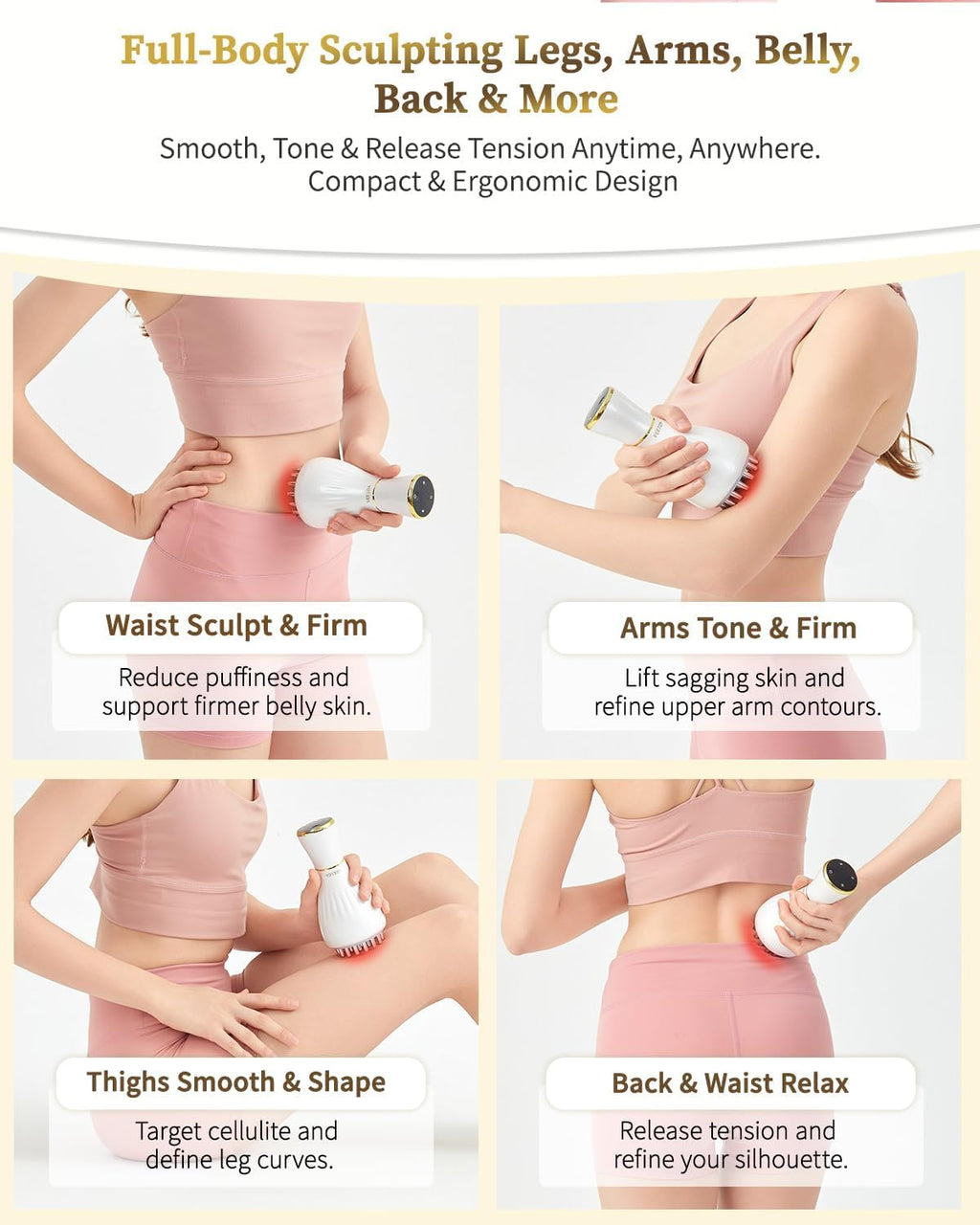 FEEJOY Lymphatic Drainage Massager & Massage Tool, Body Sculpting Machine & Fascia Blaster for Cellulite with Microcurrent, Light, Heat & Vibration, for Legs, Arms & Belly (White) - Maple Wellness Supplements