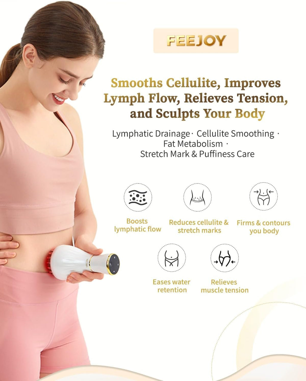 FEEJOY Lymphatic Drainage Massager & Massage Tool, Body Sculpting Machine & Fascia Blaster for Cellulite with Microcurrent, Light, Heat & Vibration, for Legs, Arms & Belly (White) - Maple Wellness Supplements