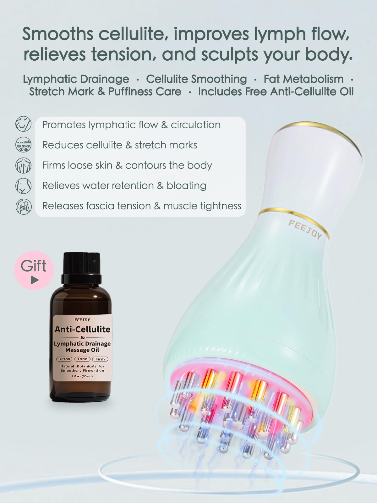 FEEJOY Lymphatic Drainage Massager & Massage Tool with Cellulite Oil, Body Sculpting Machine & Fascia Blaster for Cellulite with Microcurrent, Light, Heat & Vibration, for Legs, Arms & Belly - Maple Wellness Supplements