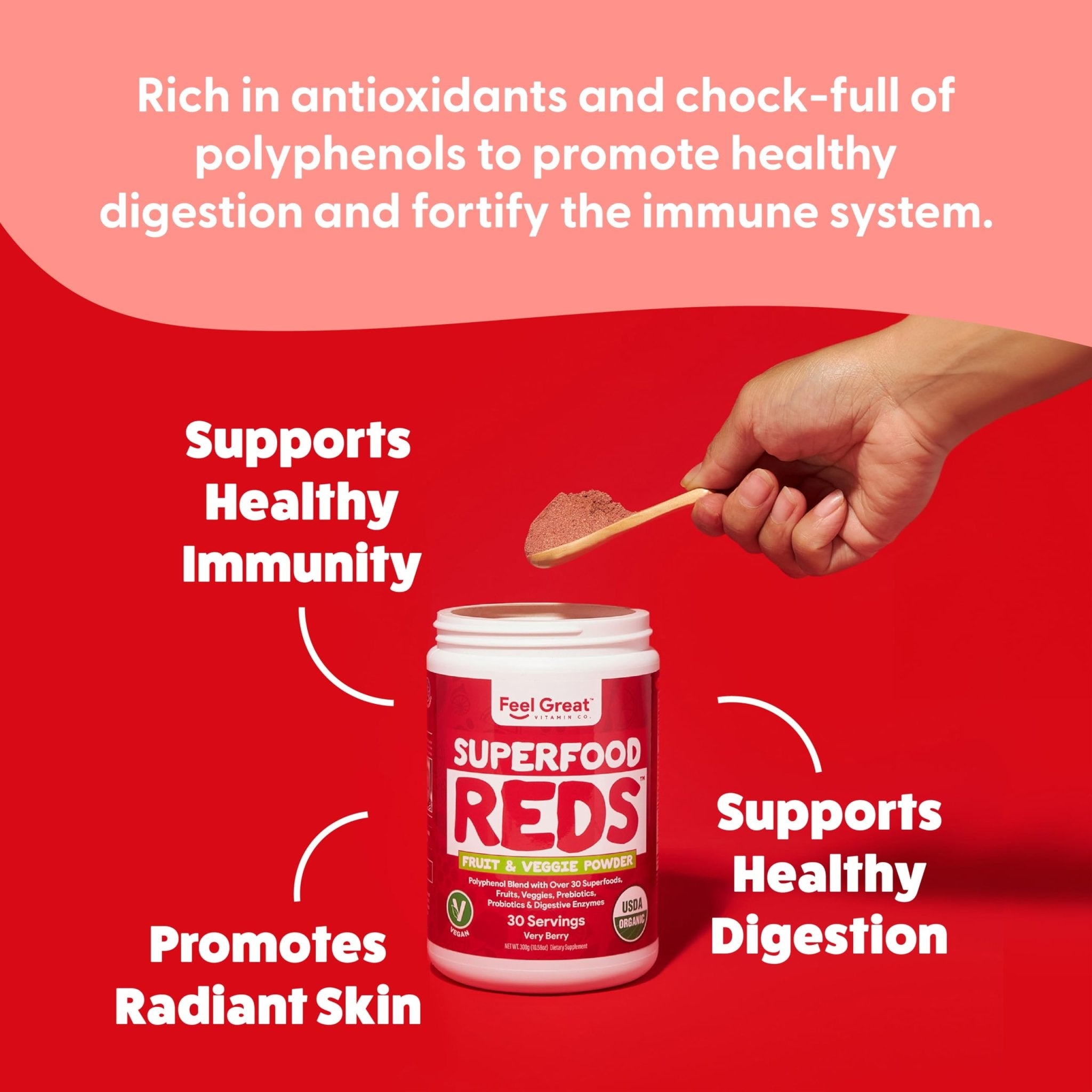 Feel Great Organic Superfood Reds Powder Packed with Beet Root Powder | Digestive Support Including Bloating Relief | Fruit and Veggie Polyphenols Supplement. - TrustMedUSA