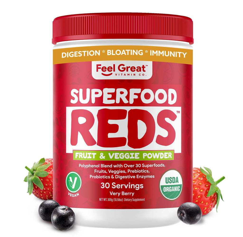 Feel Great Organic Superfood Reds Powder Packed with Beet Root Powder | Digestive Support Including Bloating Relief | Fruit and Veggie Polyphenols Supplement. - TrustMedUSA
