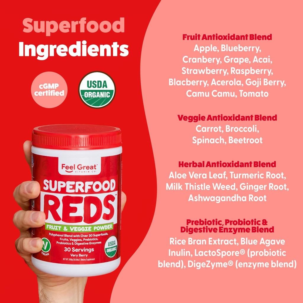 Feel Great Organic Superfood Reds Powder Packed with Beet Root Powder | Digestive Support Including Bloating Relief | Fruit and Veggie Polyphenols Supplement. - TrustMedUSA