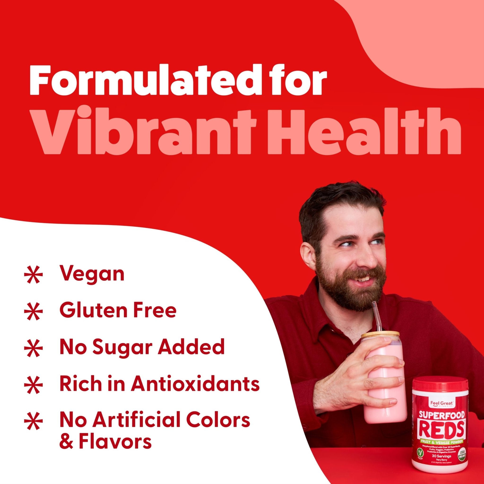 Feel Great Organic Superfood Reds Powder Packed with Beet Root Powder | Digestive Support Including Bloating Relief | Fruit and Veggie Polyphenols Supplement. - TrustMedUSA