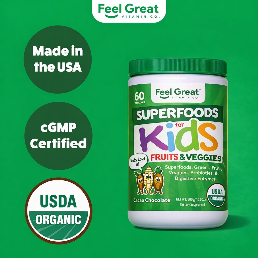 Feel Great USDA Organic Super Greens Powder for Kids - Cocao Chocolate | Fruit & Veggie Supplement | Superfood Powder with Probiotics & Digestive Enzymes for Digestive Health | 60 Days Supply - TrustMedUSA
