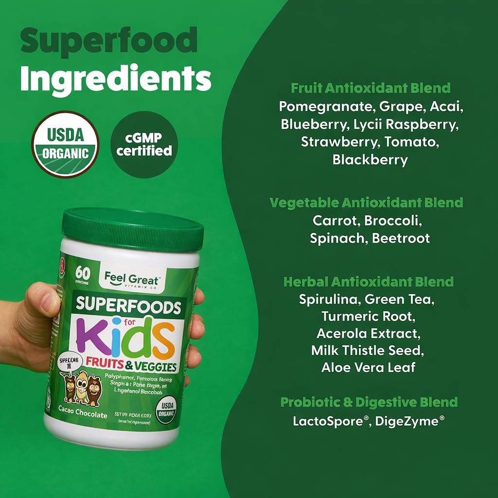 Feel Great USDA Organic Super Greens Powder for Kids - Cocao Chocolate | Fruit & Veggie Supplement | Superfood Powder with Probiotics & Digestive Enzymes for Digestive Health | 60 Days Supply - TrustMedUSA