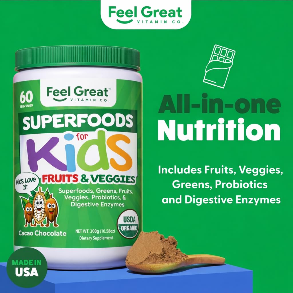 Feel Great USDA Organic Super Greens Powder for Kids - Cocao Chocolate | Fruit & Veggie Supplement | Superfood Powder with Probiotics & Digestive Enzymes for Digestive Health | 60 Days Supply - TrustMedUSA