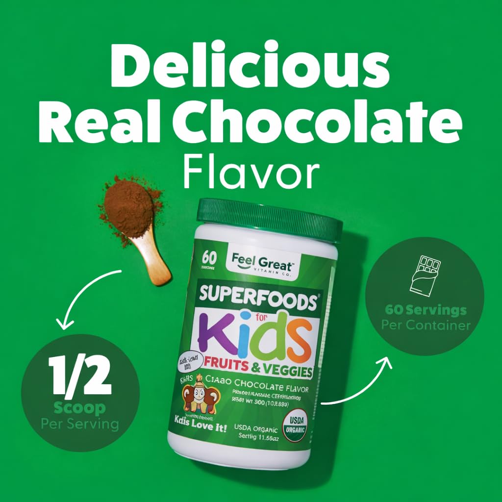 Feel Great USDA Organic Super Greens Powder for Kids - Cocao Chocolate | Fruit & Veggie Supplement | Superfood Powder with Probiotics & Digestive Enzymes for Digestive Health | 60 Days Supply - TrustMedUSA