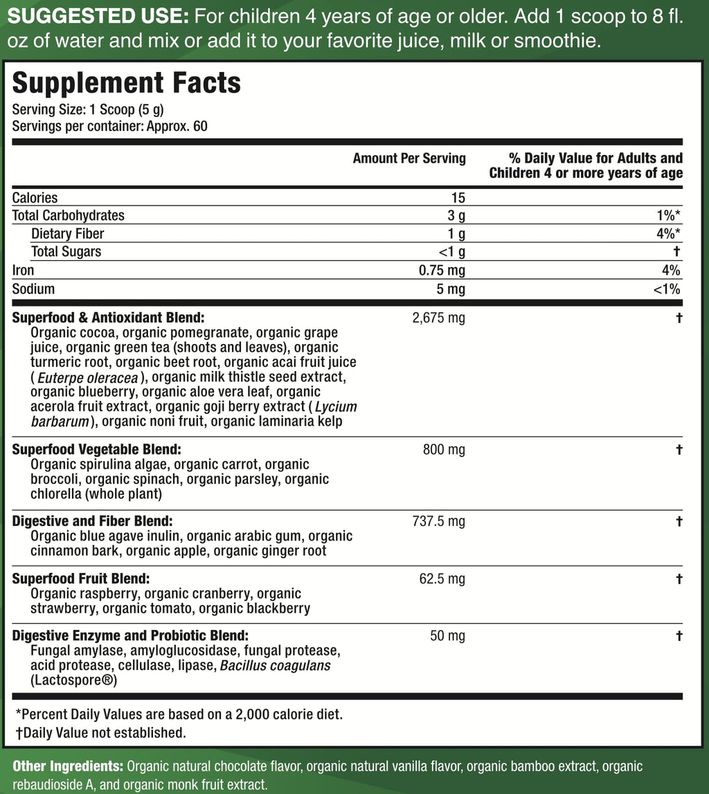 Feel Great USDA Organic Super Greens Powder for Kids - Cocao Chocolate | Fruit & Veggie Supplement | Superfood Powder with Probiotics & Digestive Enzymes for Digestive Health | 60 Days Supply - TrustMedUSA
