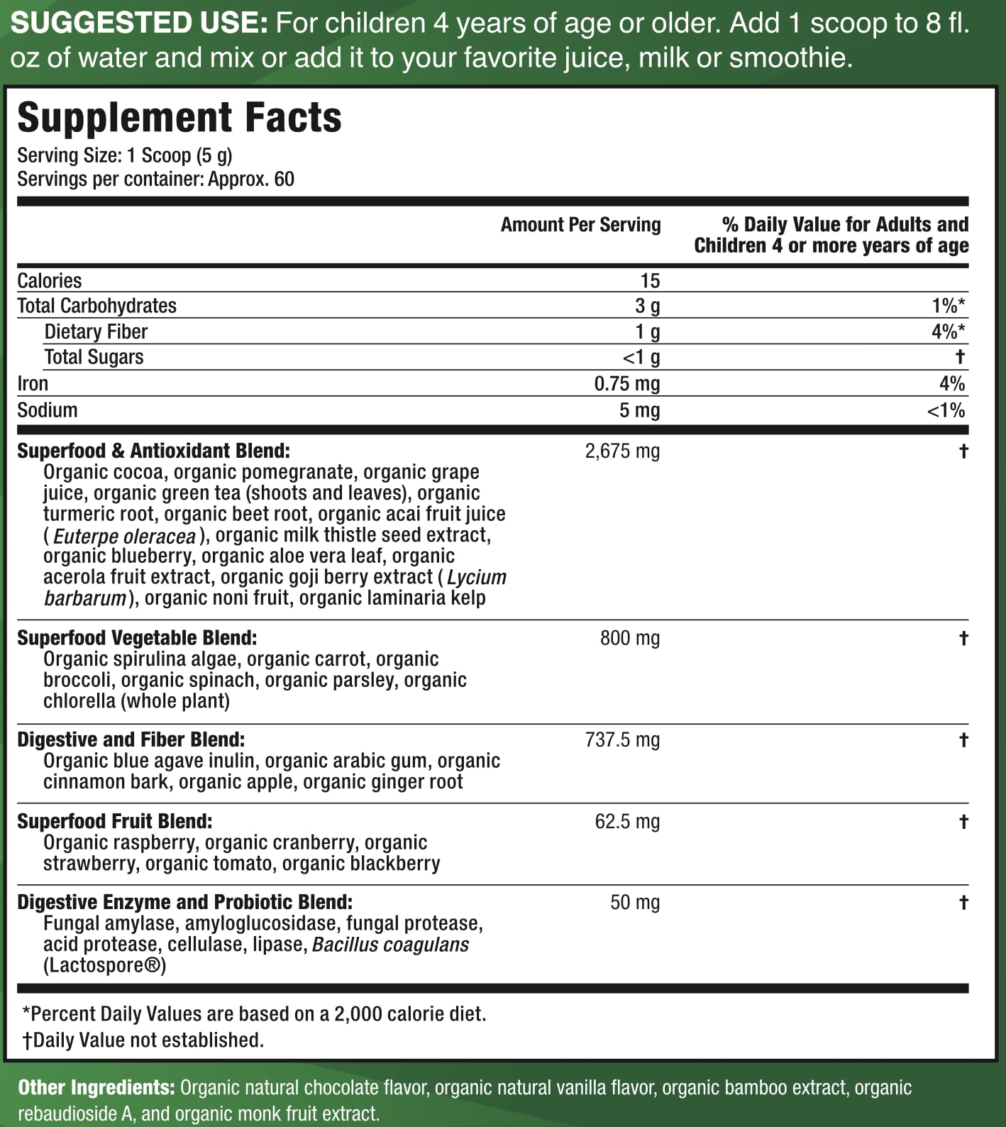 Feel Great USDA Organic Super Greens Powder for Kids - Cocao Chocolate | Fruit & Veggie Supplement | Superfood Powder with Probiotics & Digestive Enzymes for Digestive Health | 60 Days Supply - TrustMedUSA