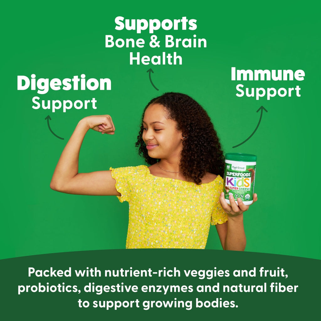 Feel Great USDA Organic Super Greens Powder for Kids - Cocao Chocolate | Fruit & Veggie Supplement | Superfood Powder with Probiotics & Digestive Enzymes for Digestive Health | 60 Days Supply - TrustMedUSA