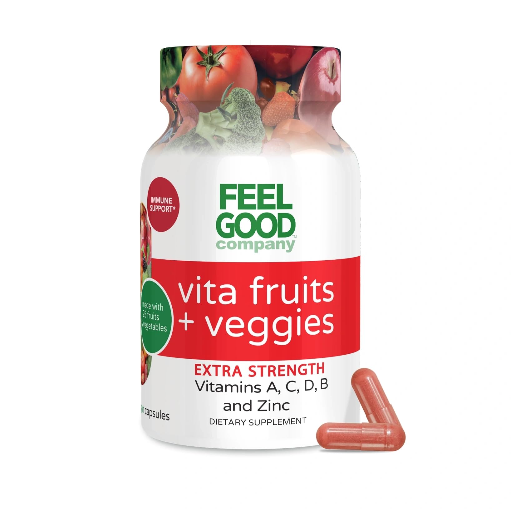 FeelGood Superfoods 1000mg Immune Support Capsules Made with 25 Organic Fruits and Vegetables, Strong Immunity Boosters with Vitamins A, C, D3, and Zinc, 60 Count - TrustMedUSA