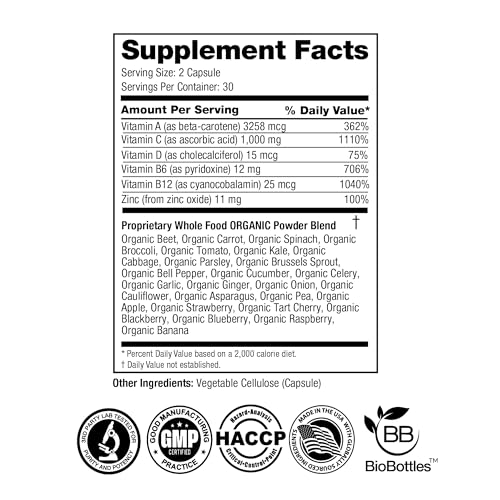 FeelGood Superfoods 1000mg Immune Support Capsules Made with 25 Organic Fruits and Vegetables, Strong Immunity Boosters with Vitamins A, C, D3, and Zinc, 60 Count - TrustMedUSA