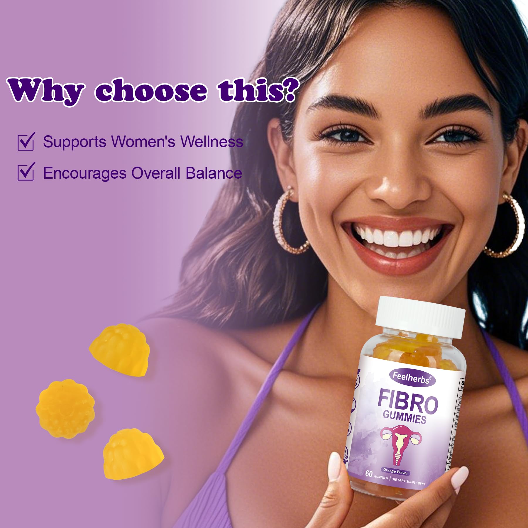 Feelherbs Fibro Gummies for Women, Pack of 2, Multivitamin Inositol Gummies with Inositol, Biotin, Vitamins A, C, D3, E, B6, B12, 60 Gummies Per Bottle - TrustMedUSA