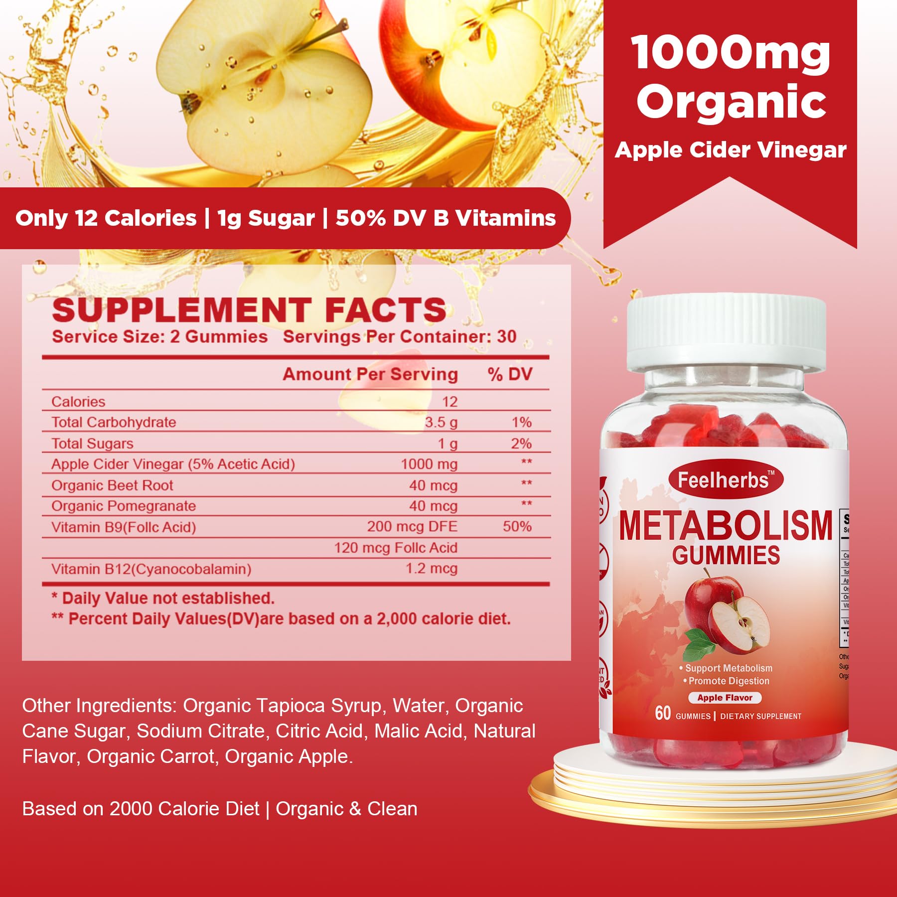 Feelherbs Metabolism Gummies for Women and Men Digestion & Energy, 60 Count Apple Cider Vinegar Gummies with Vitamin B12 & Beet Root, Chewable Keto ACV Vitamin for Metabolism & Detox Cleanse - TrustMedUSA