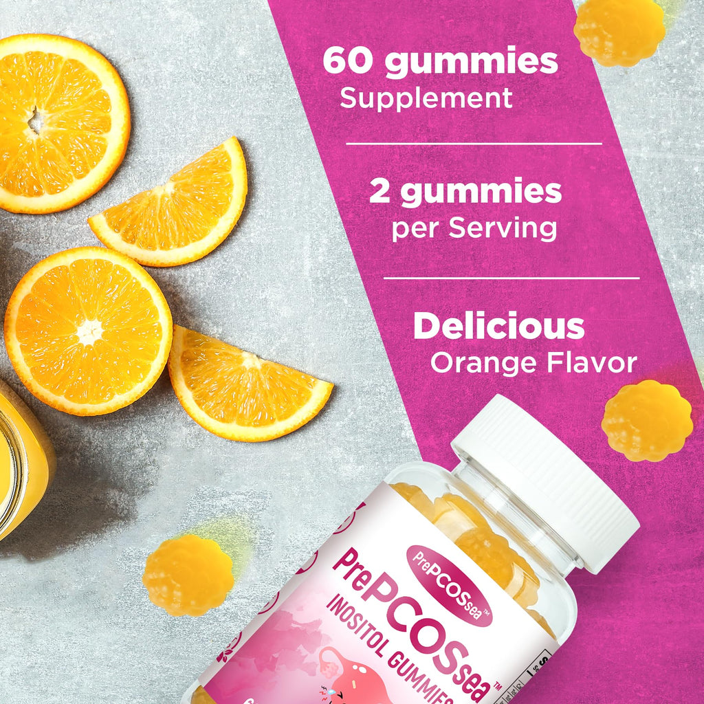 Feelherbs PrePCOSsea Inositol Gummies Vitamins, 2 Pack Orange Flavor Myo-Inositol Vitamin Gummies with Folate, B6, B12 & D-Biotin, 60 Count Soft Chews - TrustMedUSA