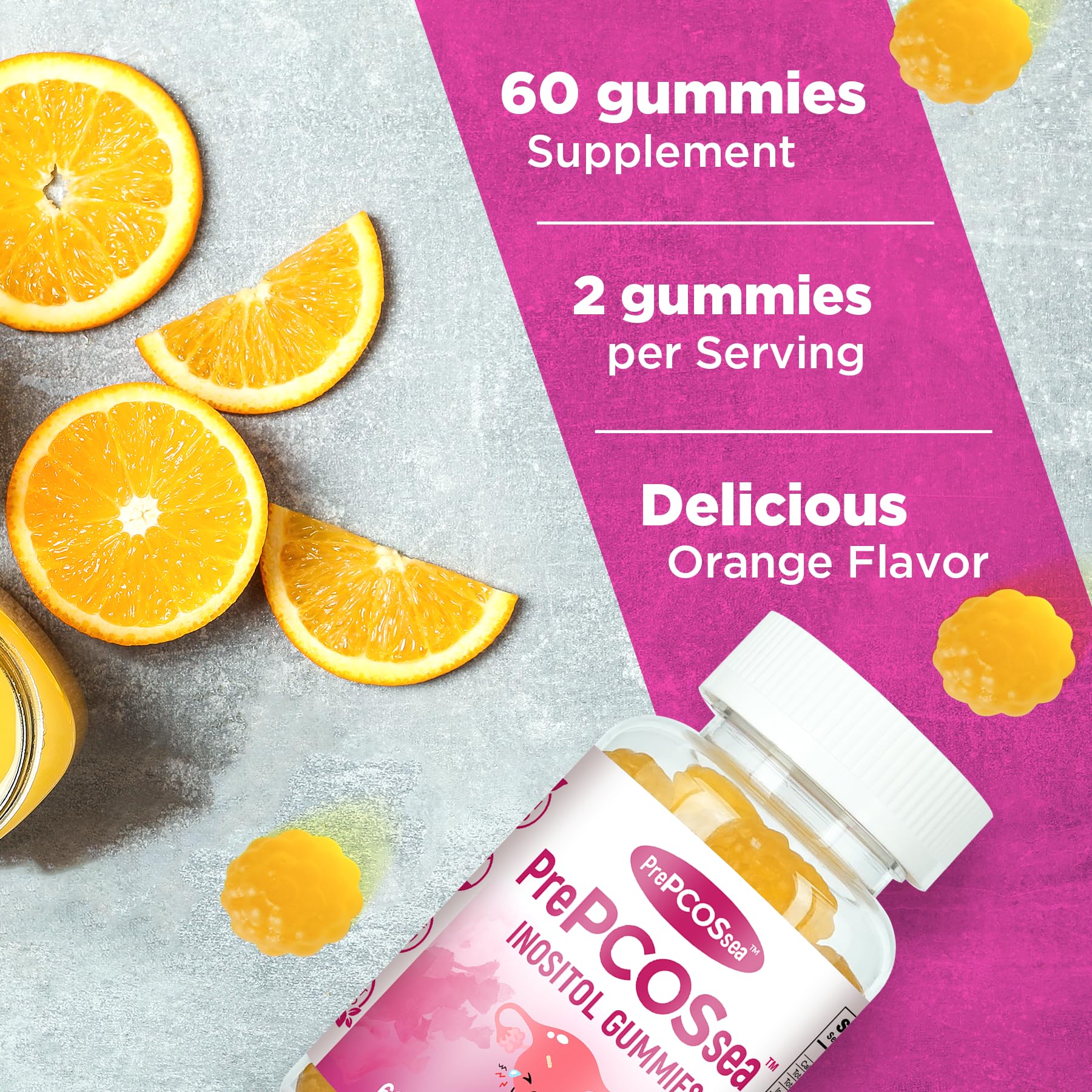 Feelherbs PrePCOSsea Inositol Gummies Vitamins, 2 Pack Orange Flavor Myo-Inositol Vitamin Gummies with Folate, B6, B12 & D-Biotin, 60 Count Soft Chews - TrustMedUSA