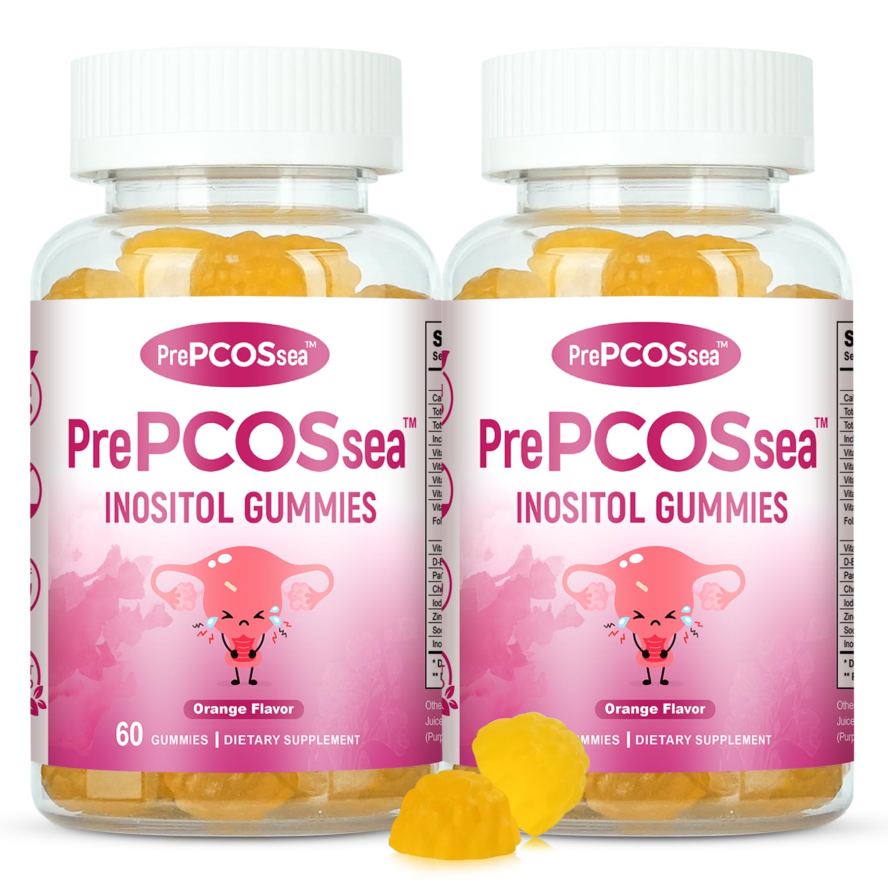 Feelherbs PrePCOSsea Inositol Gummies Vitamins, 2 Pack Orange Flavor Myo-Inositol Vitamin Gummies with Folate, B6, B12 & D-Biotin, 60 Count Soft Chews - TrustMedUSA