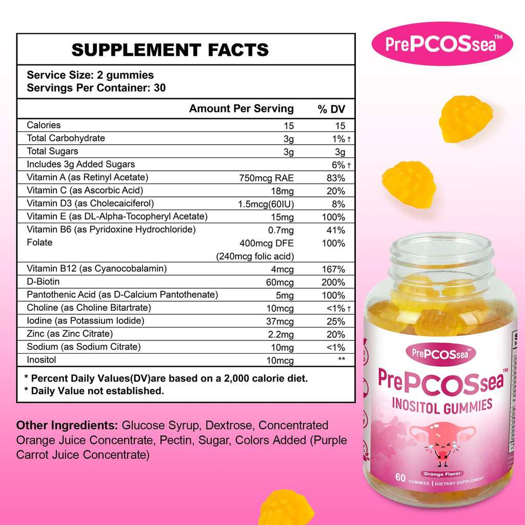 Feelherbs PrePCOSsea Inositol Gummies Vitamins, 2 Pack Orange Flavor Myo-Inositol Vitamin Gummies with Folate, B6, B12 & D-Biotin, 60 Count Soft Chews - TrustMedUSA
