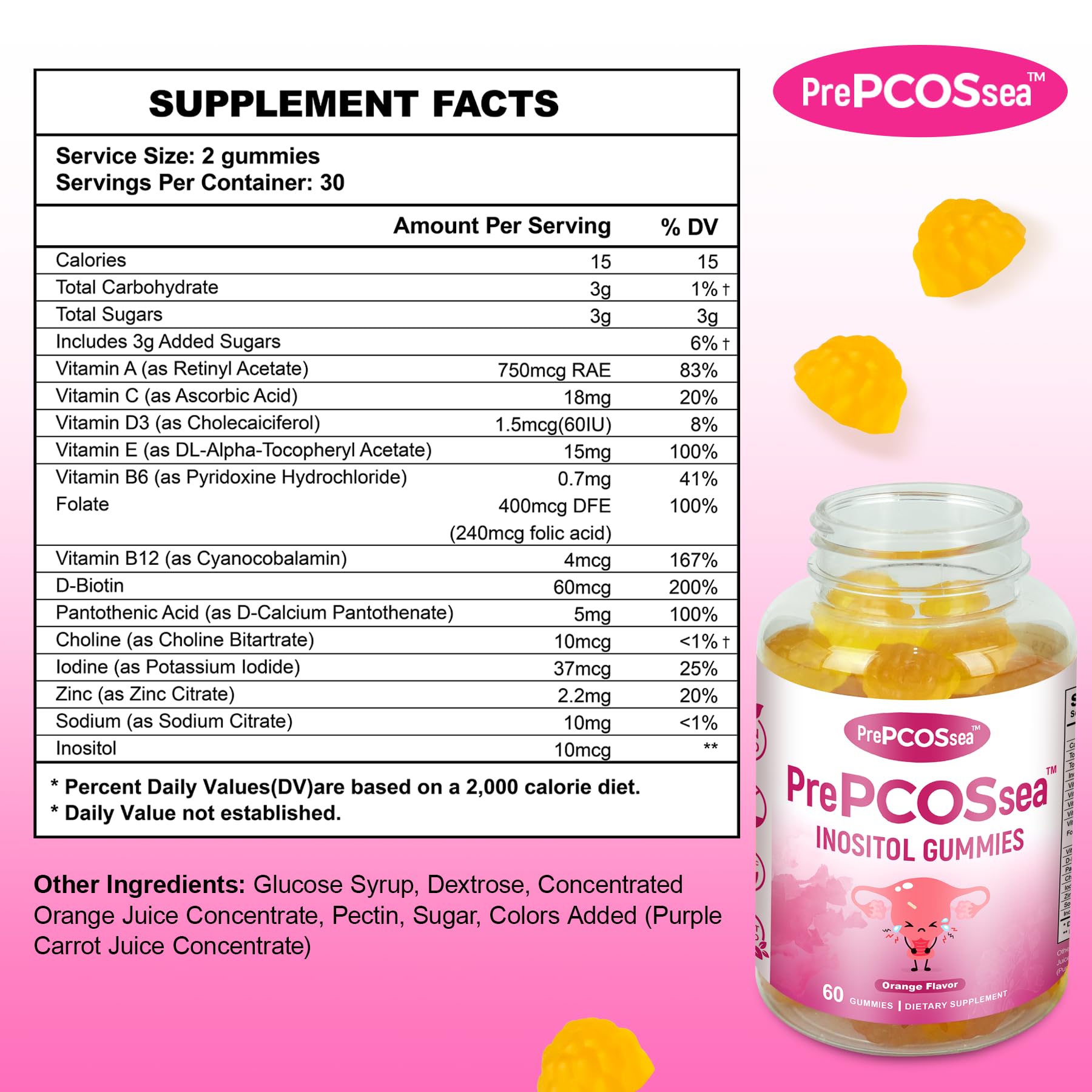 Feelherbs PrePCOSsea Inositol Gummies Vitamins, 2 Pack Orange Flavor Myo-Inositol Vitamin Gummies with Folate, B6, B12 & D-Biotin, 60 Count Soft Chews - TrustMedUSA