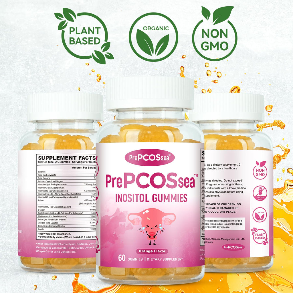 Feelherbs PrePCOSsea Inositol Gummies Vitamins, 2 Pack Orange Flavor Myo-Inositol Vitamin Gummies with Folate, B6, B12 & D-Biotin, 60 Count Soft Chews - TrustMedUSA