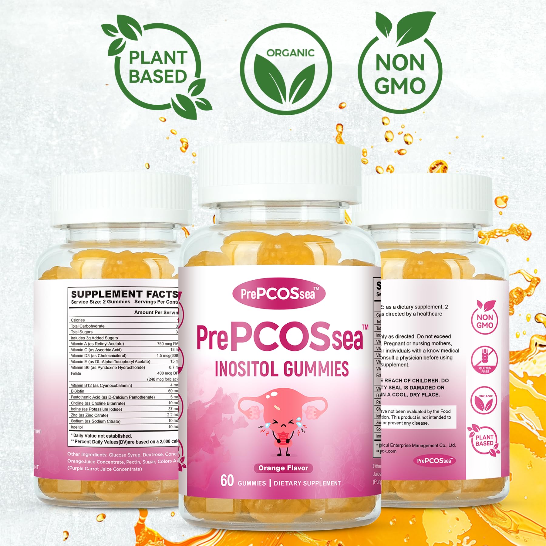 Feelherbs PrePCOSsea Inositol Gummies Vitamins, 2 Pack Orange Flavor Myo-Inositol Vitamin Gummies with Folate, B6, B12 & D-Biotin, 60 Count Soft Chews - TrustMedUSA